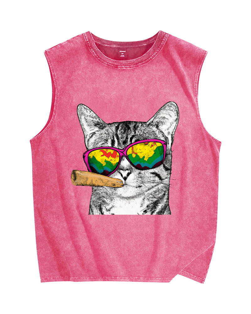 Smoking Cat Vintage Distressed Washed Tank Top