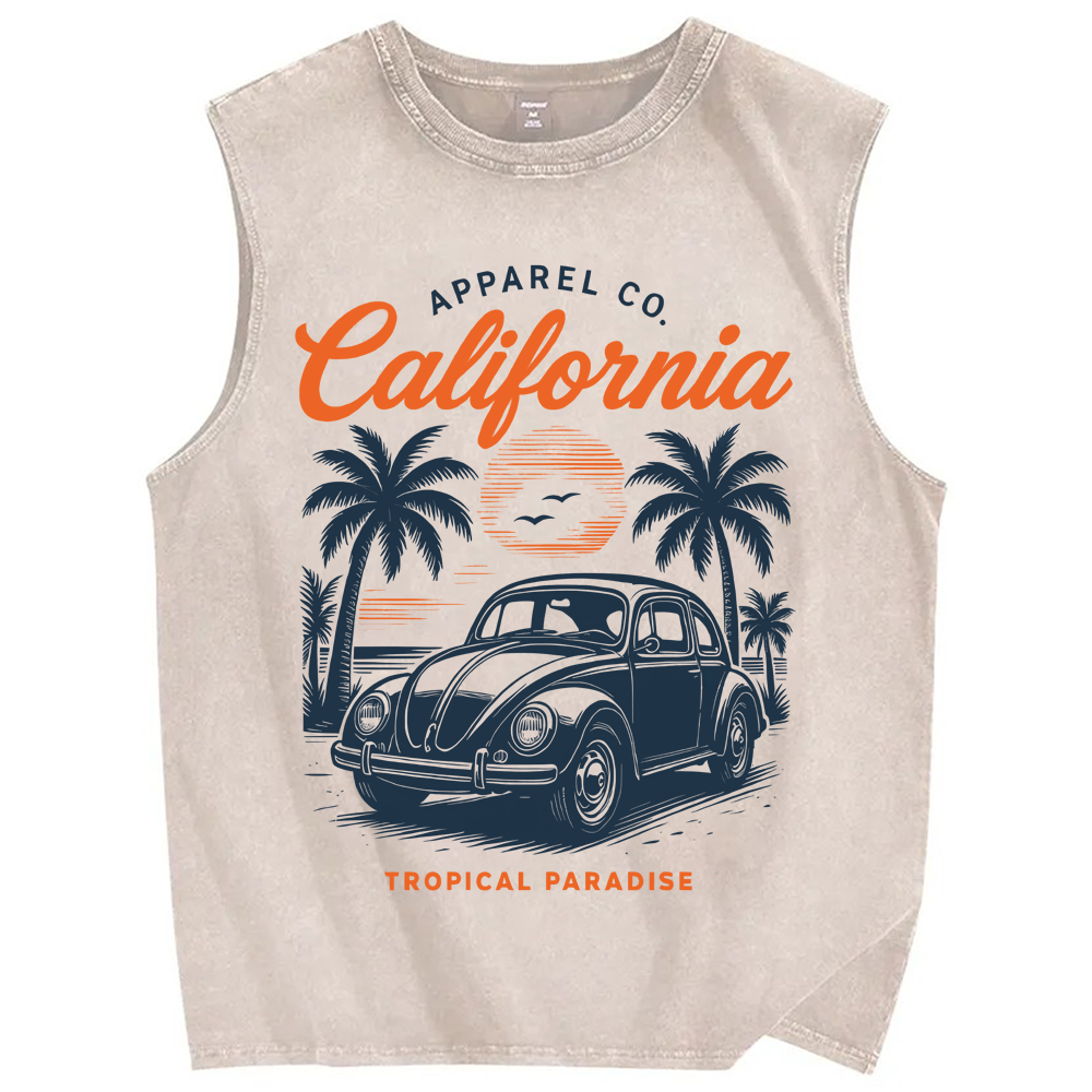 Unisex Vintage Beach Sunset Graffiti Printed Washed Tank Top