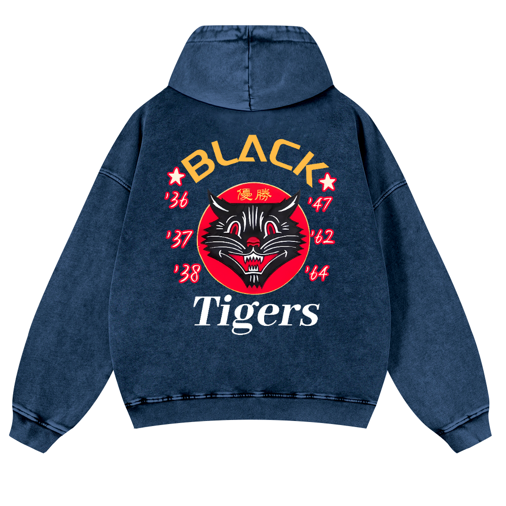 Black Cat Vintage Washed Cotton Back Art Hoodie