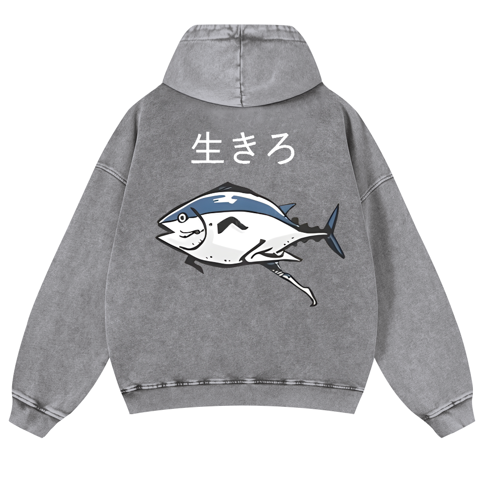 The Living Fish Vintage Washed Cotton Back Art Hoodie