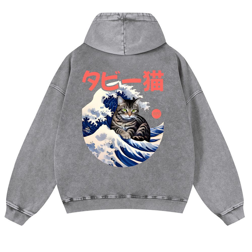 Cat Wave Vintage Washed Cotton Back Art Hoodie