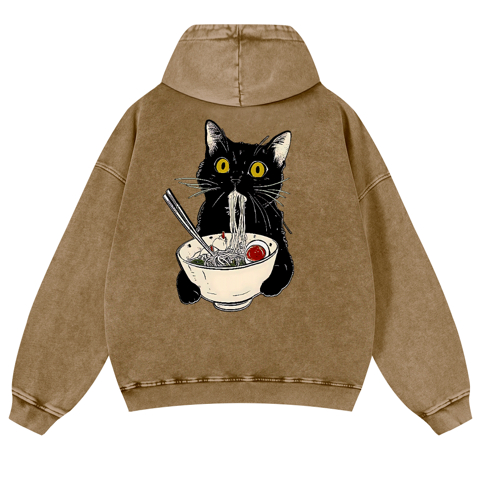 Ramen Cat Vintage Washed Cotton Back Art Hoodie