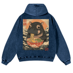 Hippo Ramen Ukiyoe Vintage Washed Cotton Back Art Hoodie