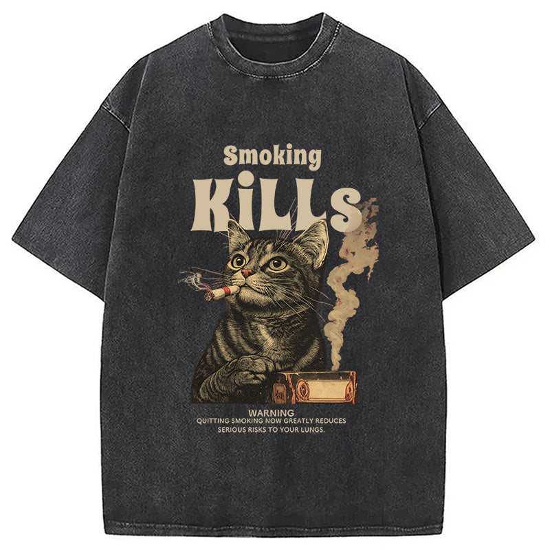 Smoking Mills Cat Meme Washed T-Shirt