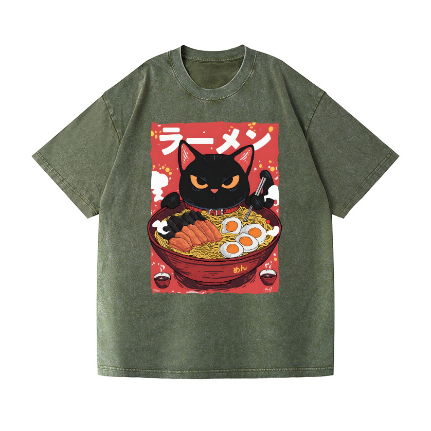 Ramen Black Cat Vintage Wash Japanese Design T-Shirt