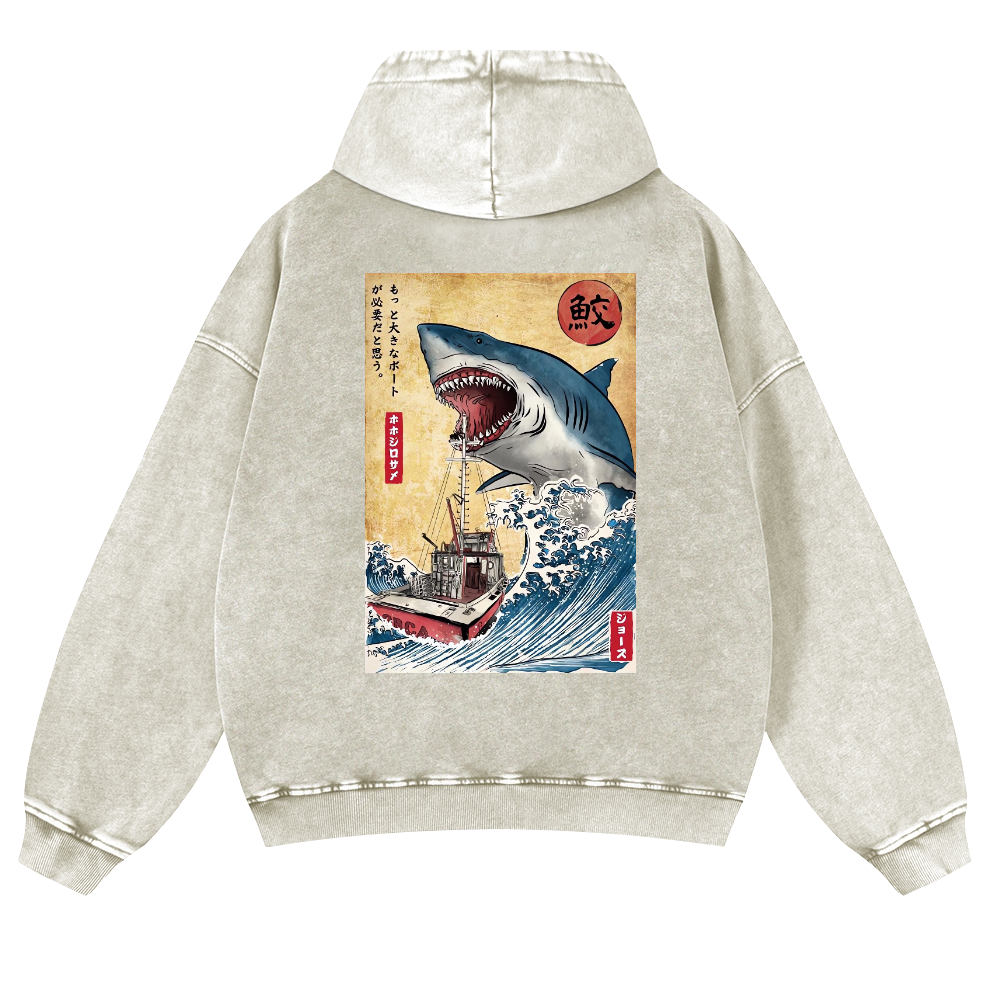 Shark Ukiyoe Vintage Washed Cotton Back Art Hoodie