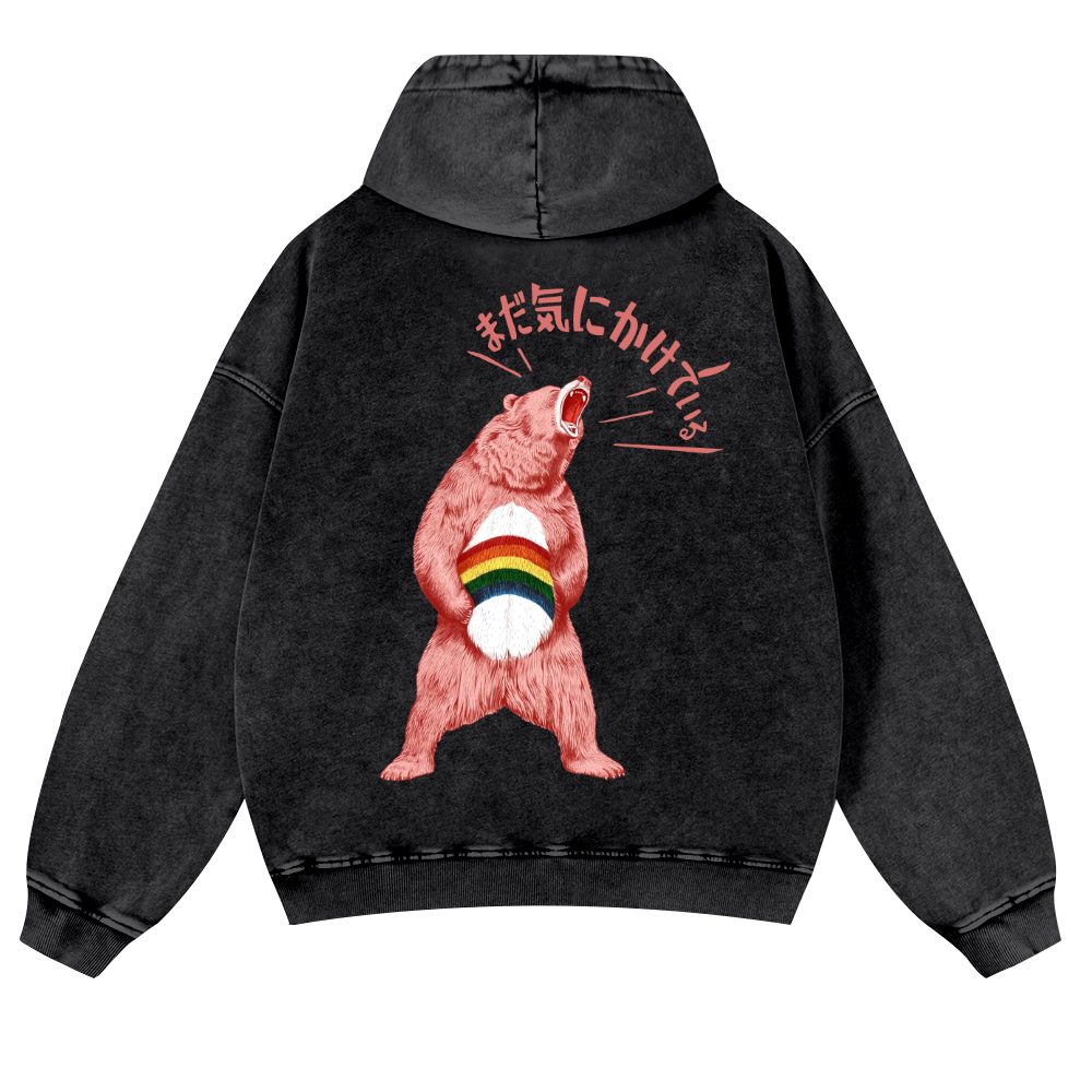 Bear Vintage Washed Cotton Back Art Hoodie
