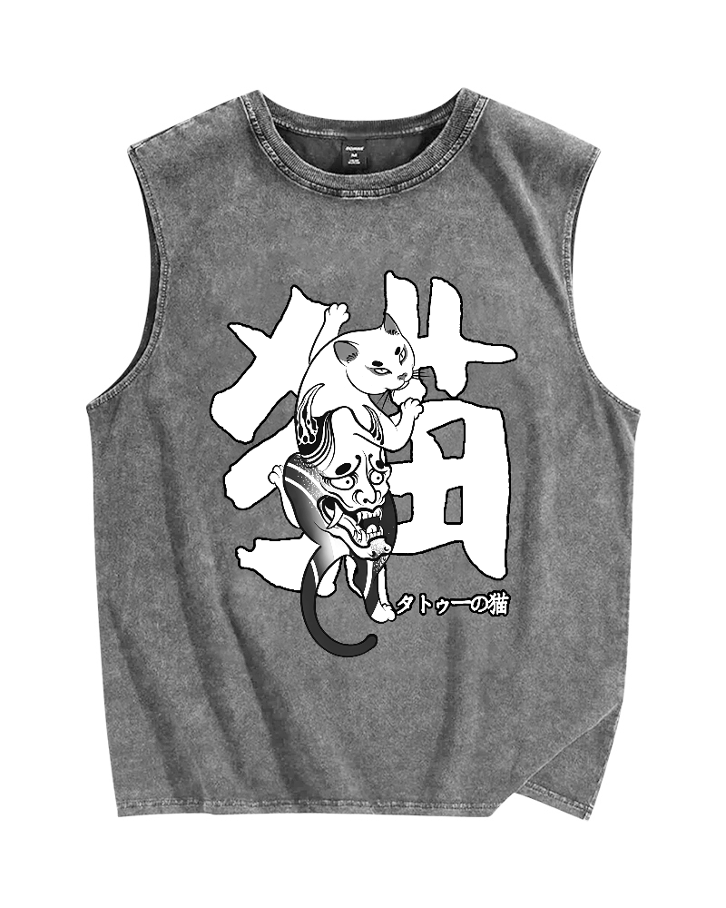 Cat With Oni Mask Tattoo Vintage Distressed Washed Tank Top