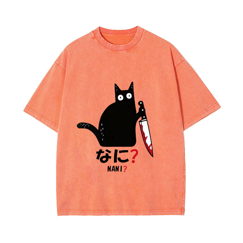 The Black Cat with a Knife Vintage Wash Japanese Design T-Shirt