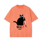 The Black Cat with a Knife Vintage Wash Japanese Design T-Shirt