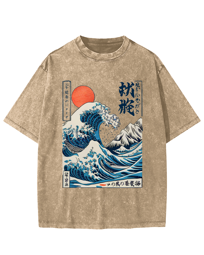 Ukiyo-e ocean Waves Vintage Washed T-shirt
