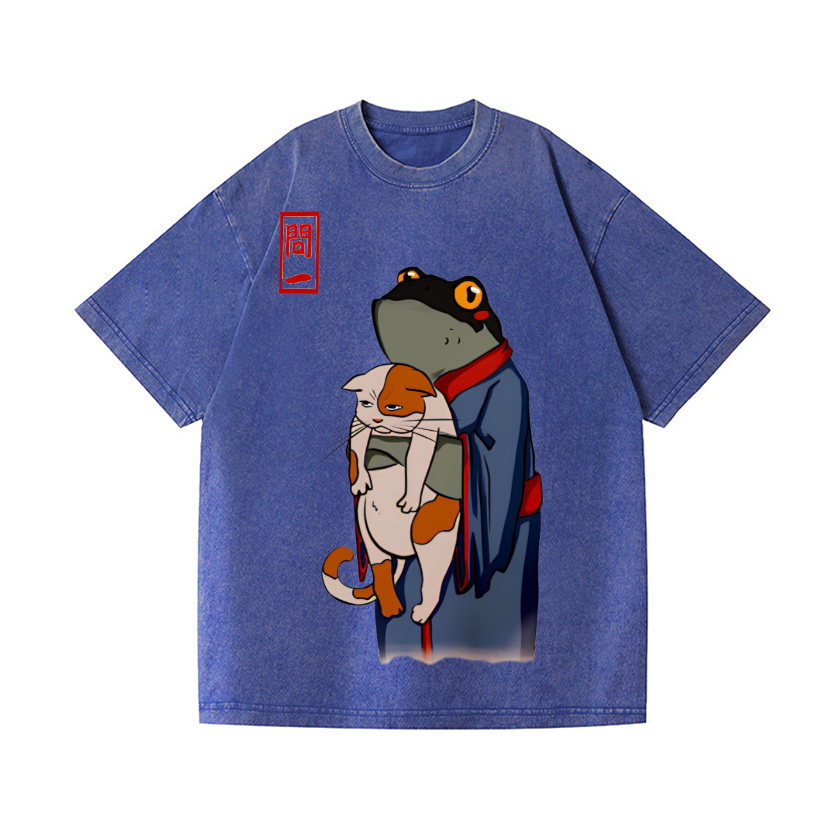Frog and Cat Vintage Wash Japanese Design T-Shirt