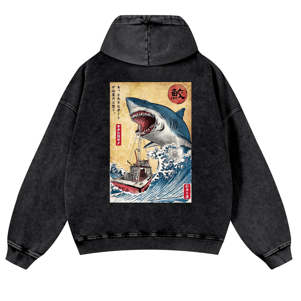 Shark Ukiyoe Vintage Washed Cotton Back Art Hoodie