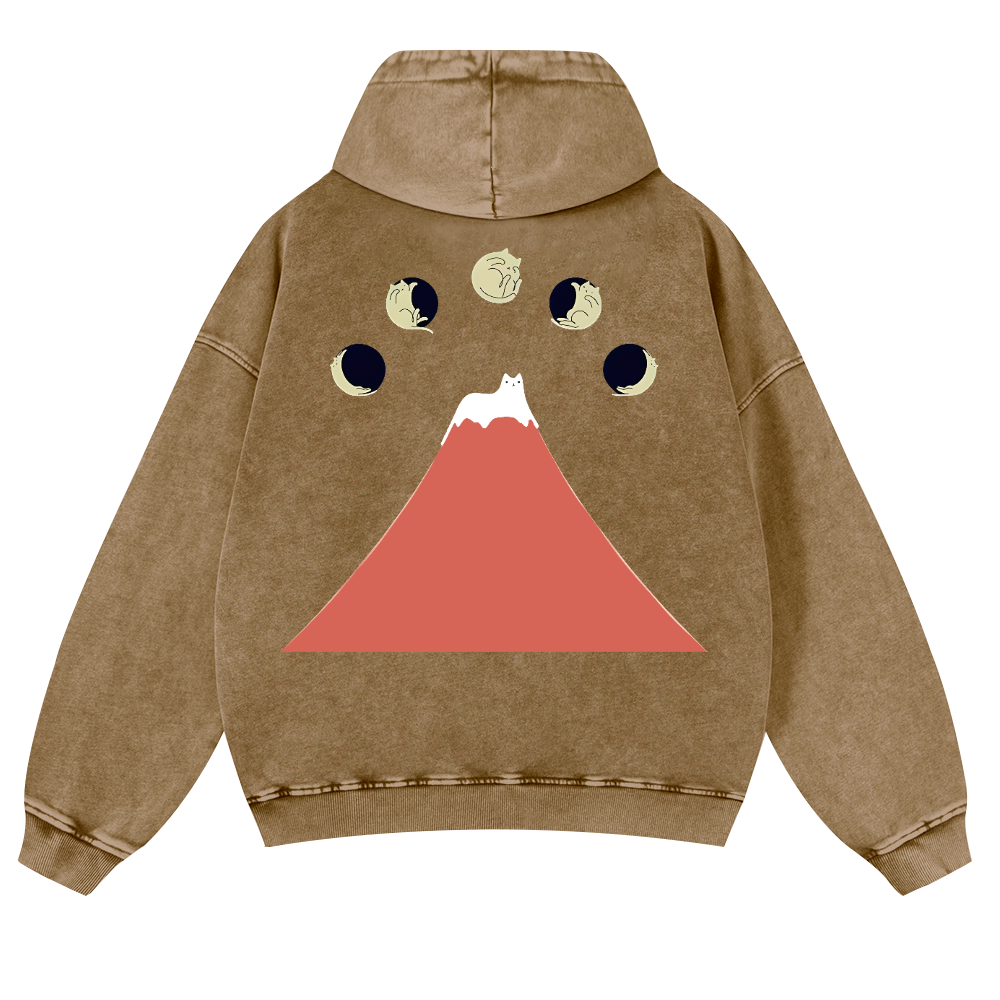 Mount Fuji Cat Moon Vintage Washed Cotton Back Art Hoodie