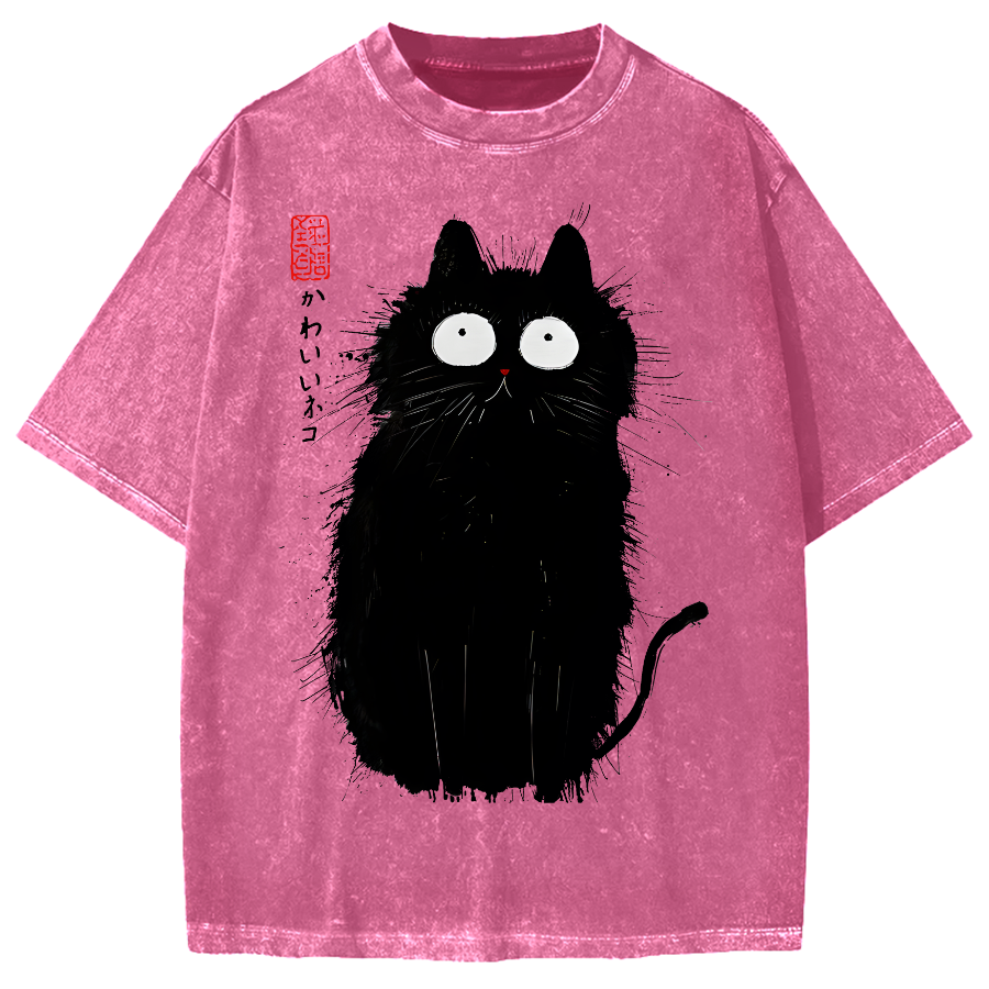 Black Cat With Puffed-Up Fur Vintage Washed T-shirt