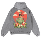 Cat And Frog Vintage Washed Cotton Back Art Hoodie