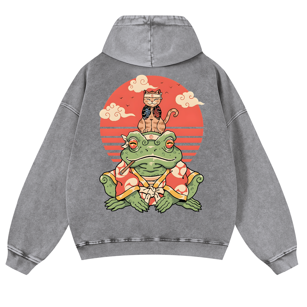 Cat And Frog Vintage Washed Cotton Back Art Hoodie