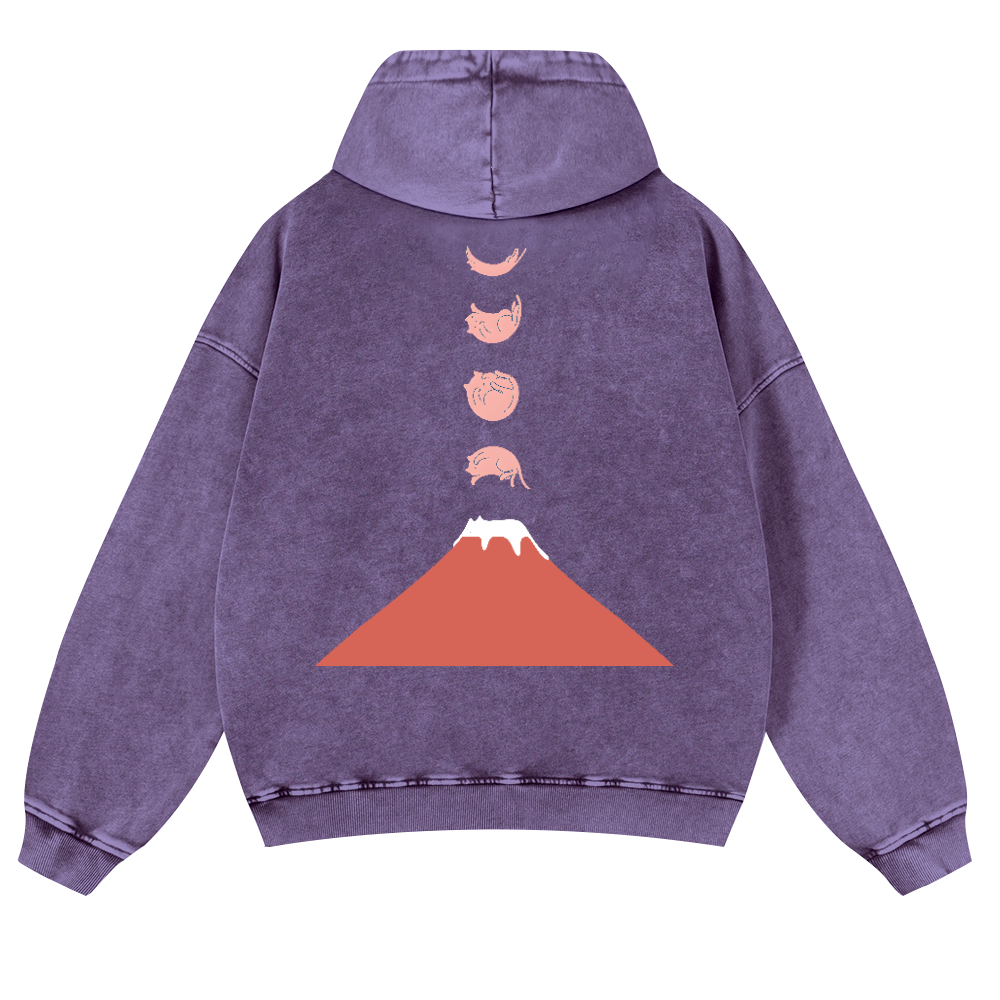 Mount Fuji Cat Moon Vintage Washed Cotton Back Art Hoodie