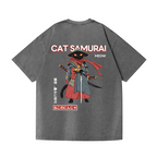 Cat Samurai Vintage Wash Japanese Design Back Art T-Shirt
