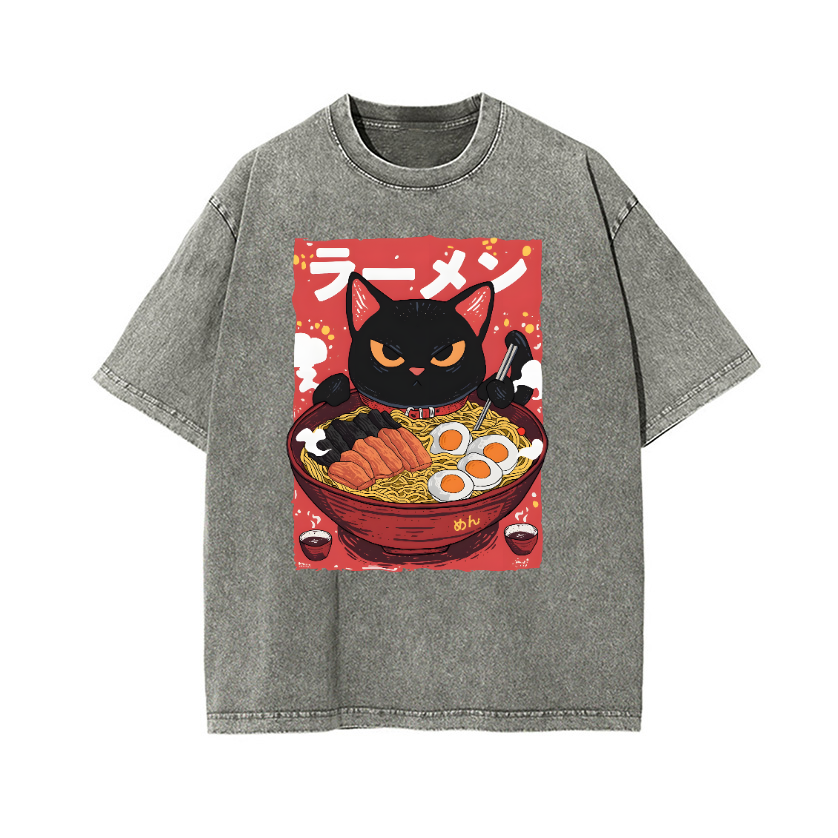 Ramen Black Cat Vintage Wash Japanese Design T-Shirt