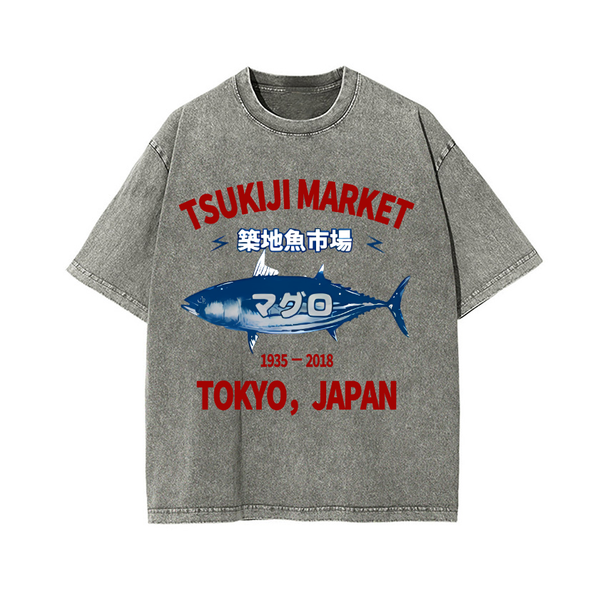 Tsukiji Market Tuna Fish Tokyo Japan Vintage Wash Japanese Design T-Shirt