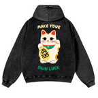 Lucky Cat Vintage Washed Cotton Back Art Hoodie