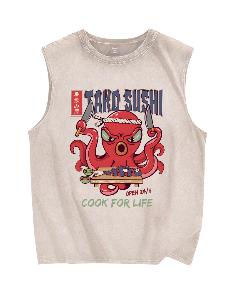 Tako Sushi Octopus Vintage Distressed Washed Tank Top