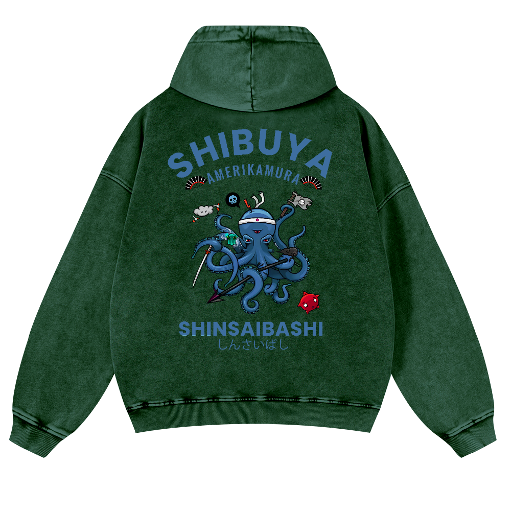 Shibuya Octopus Vintage Washed Cotton Back Art Hoodie