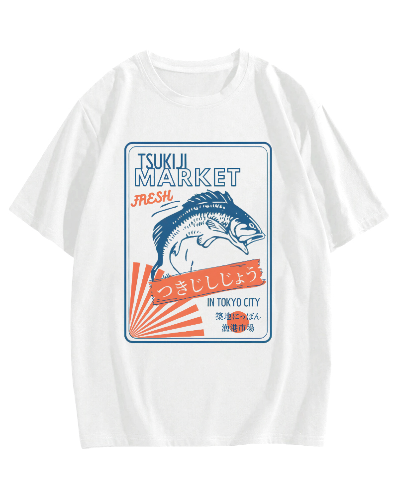 Tsukiji Seafood Market in Japan Cotton casual T-shirt