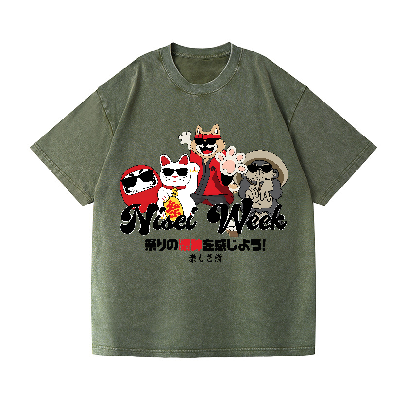 Cat Daruma Vintage Wash Japanese Design T-Shirt