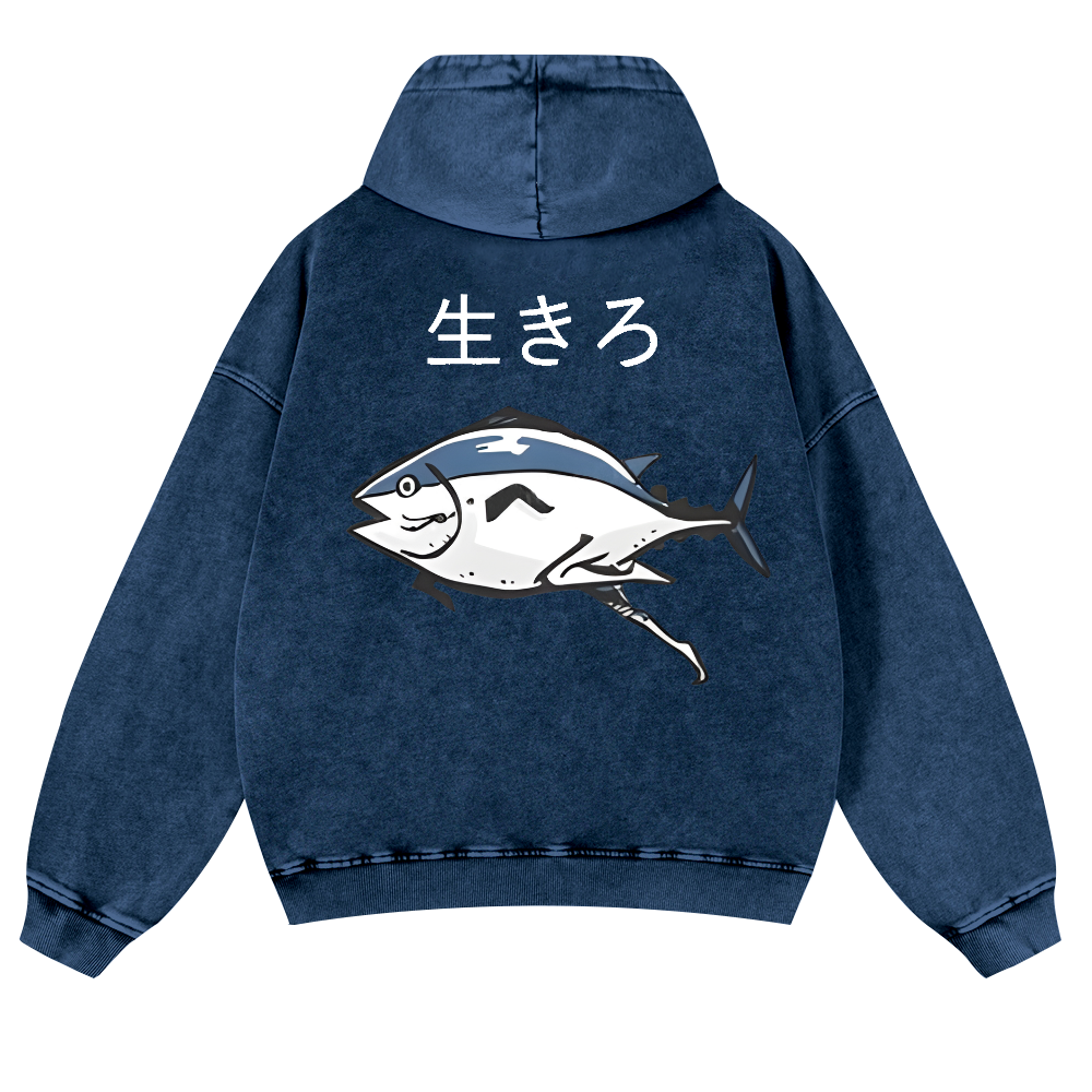 The Living Fish Vintage Washed Cotton Back Art Hoodie
