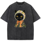 Cat Printed Vintage Washed T-Shirt