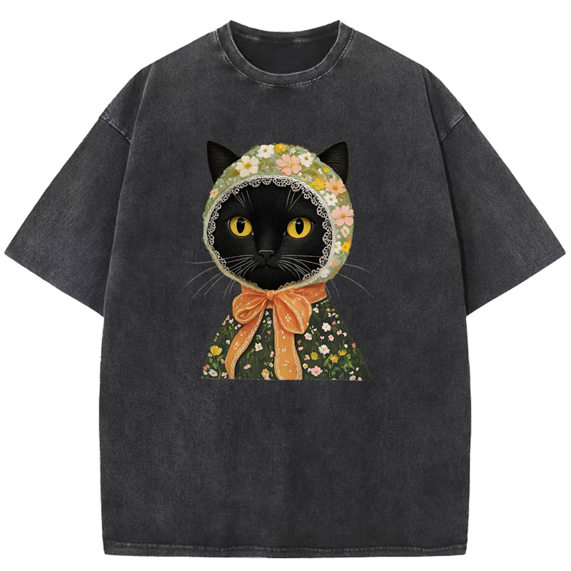 Cat Printed Vintage Washed T-Shirt