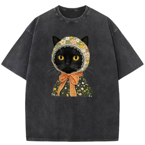 Cat Printed Vintage Washed T-Shirt
