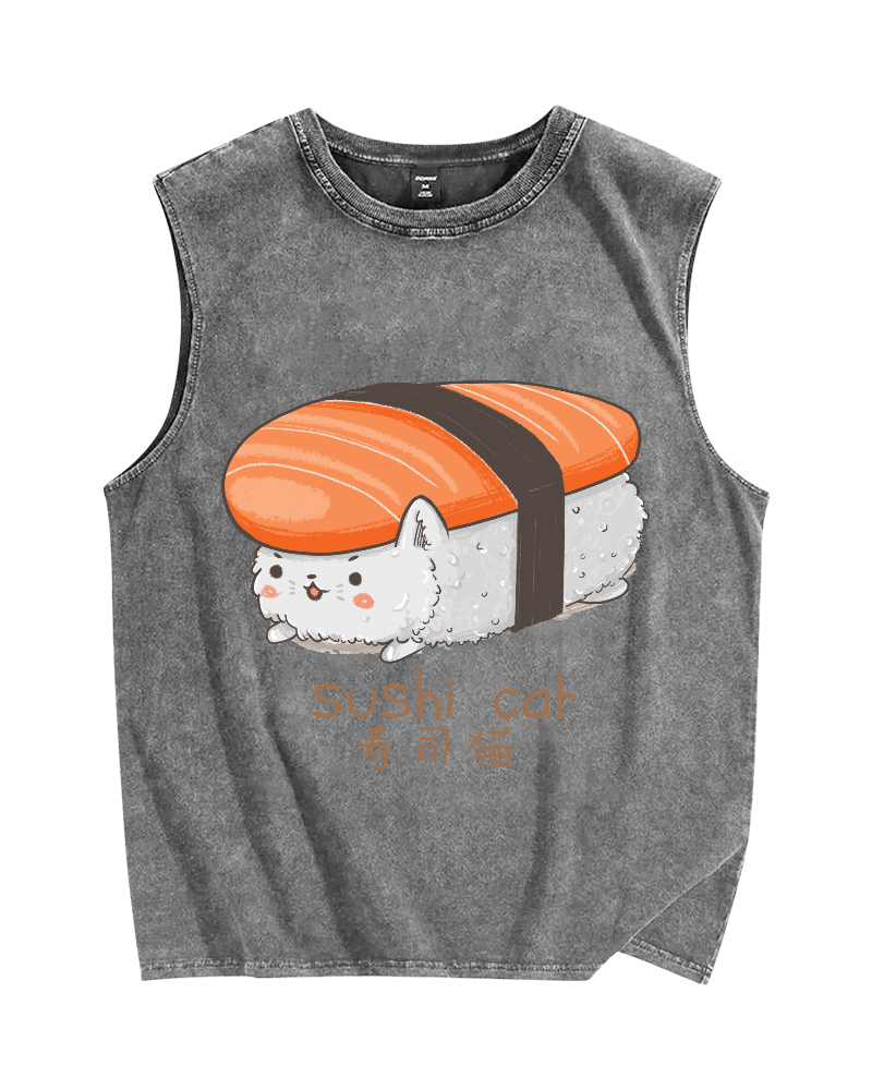 Sushi Cat Vintage Distressed Washed Tank Top
