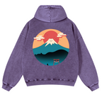 Cat Mount Fuji Vintage Washed Cotton Back Art Hoodie