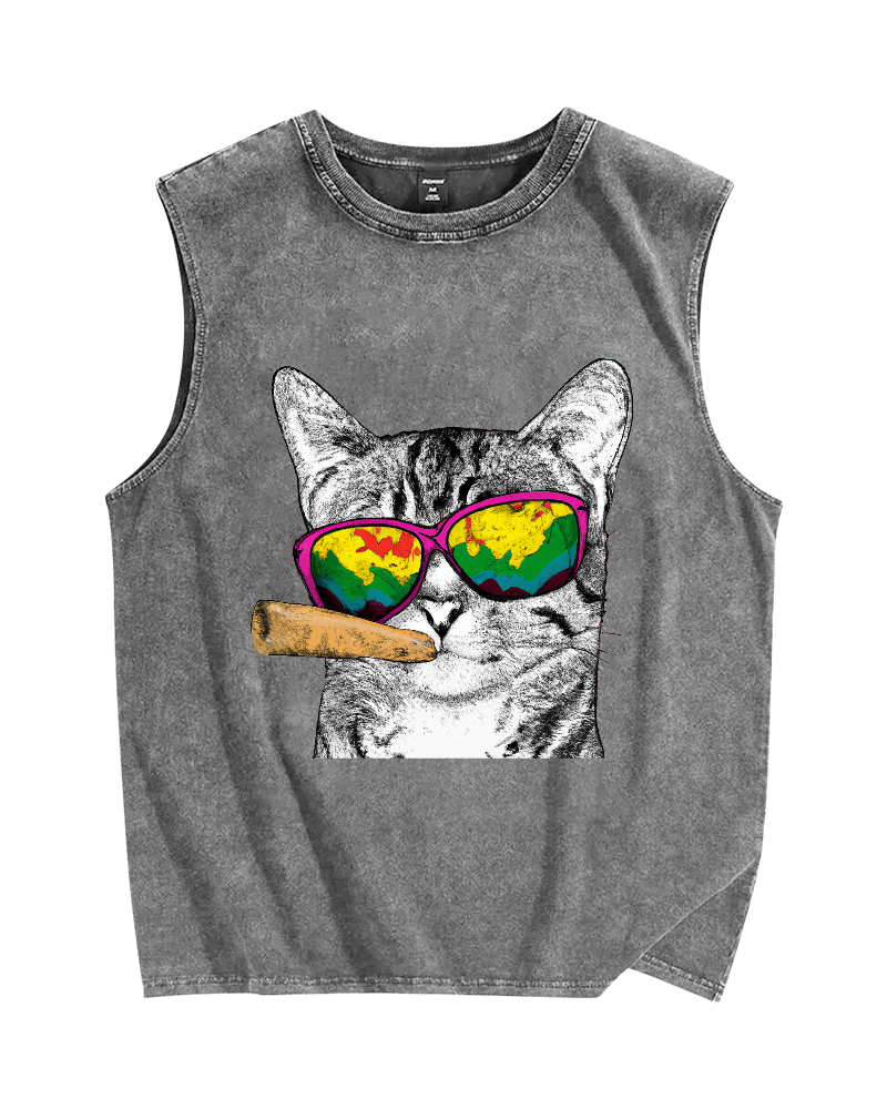 Smoking Cat Vintage Distressed Washed Tank Top