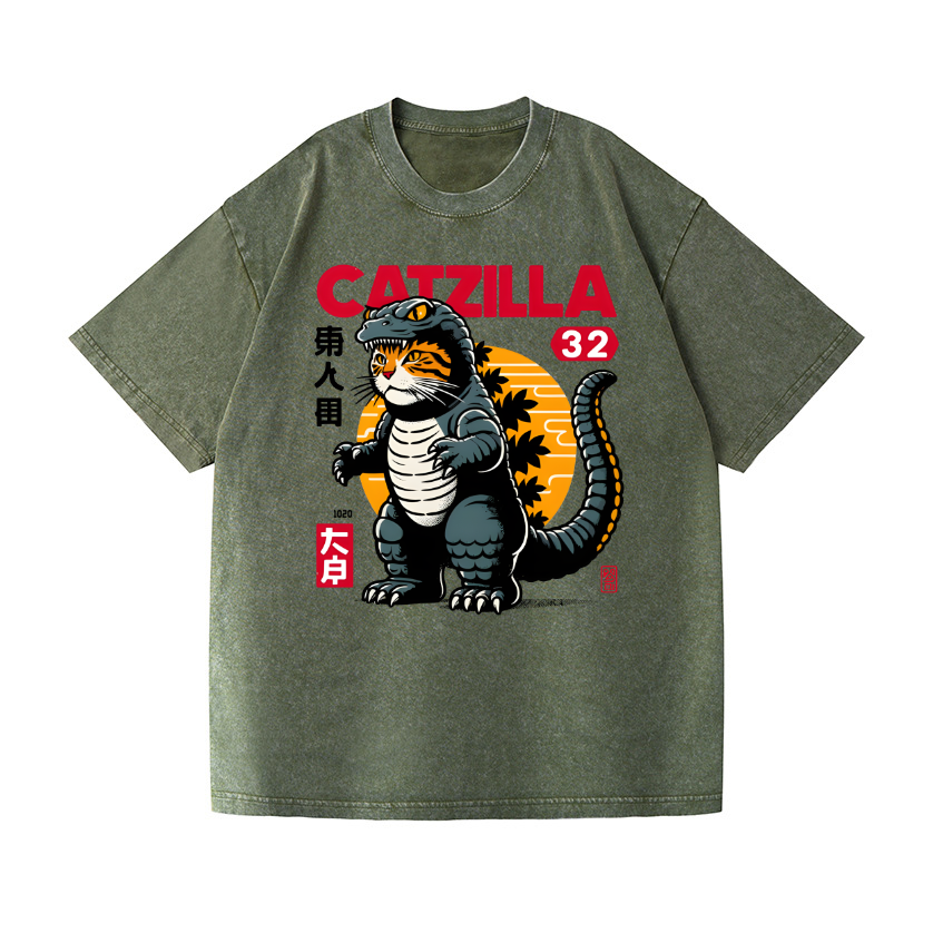 Cat Godzilla Vintage Wash Japanese Design T-Shirt