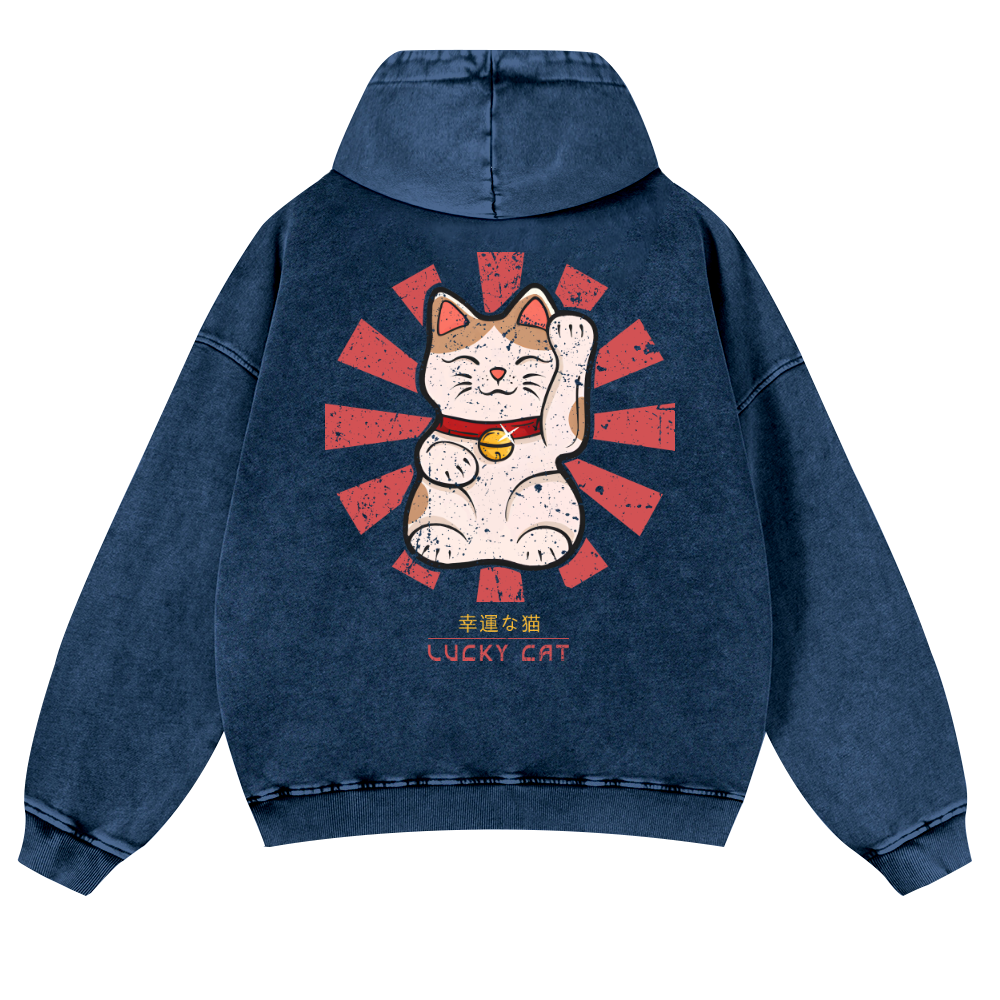 Lucky Cat Vintage Washed Cotton Back Art Hoodie