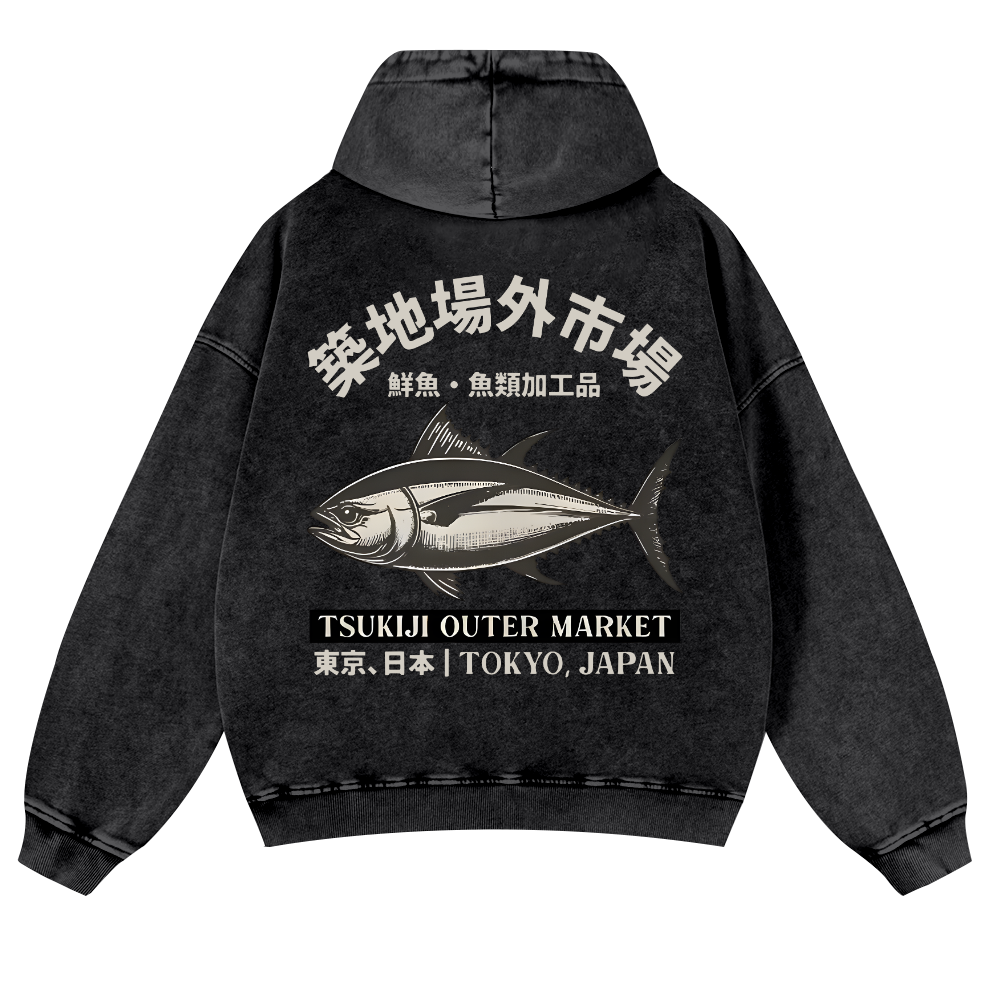Tsukiji Market Tuna Fish Vintage Washed Cotton Back Art Hoodie