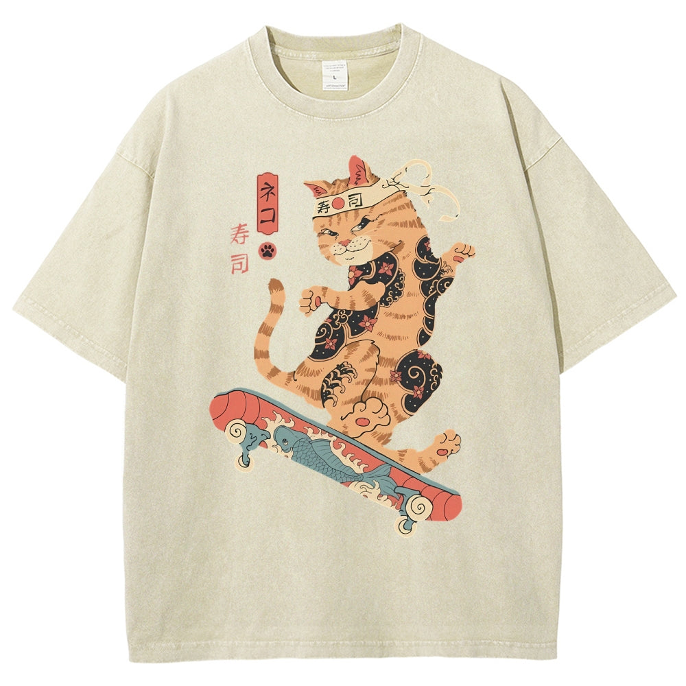 Skate Cat Washed Vintage Short Sleeves T-Shirt