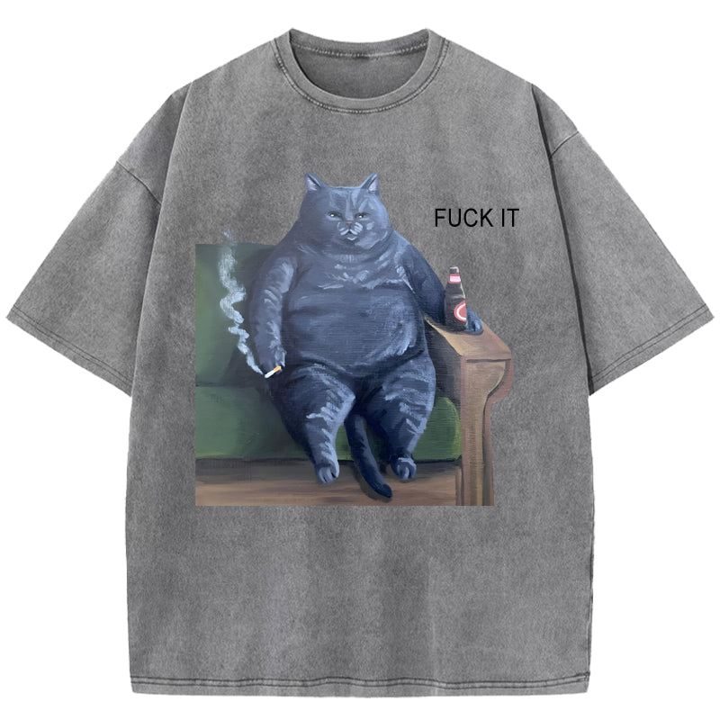 Funny Fat Smoking Cat Art Print Washed T-Shirt