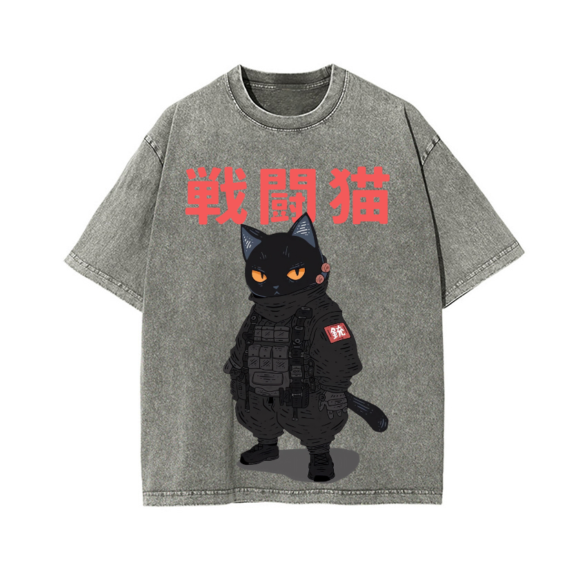Battle Black Cat Vintage Wash Japanese Design T-Shirt