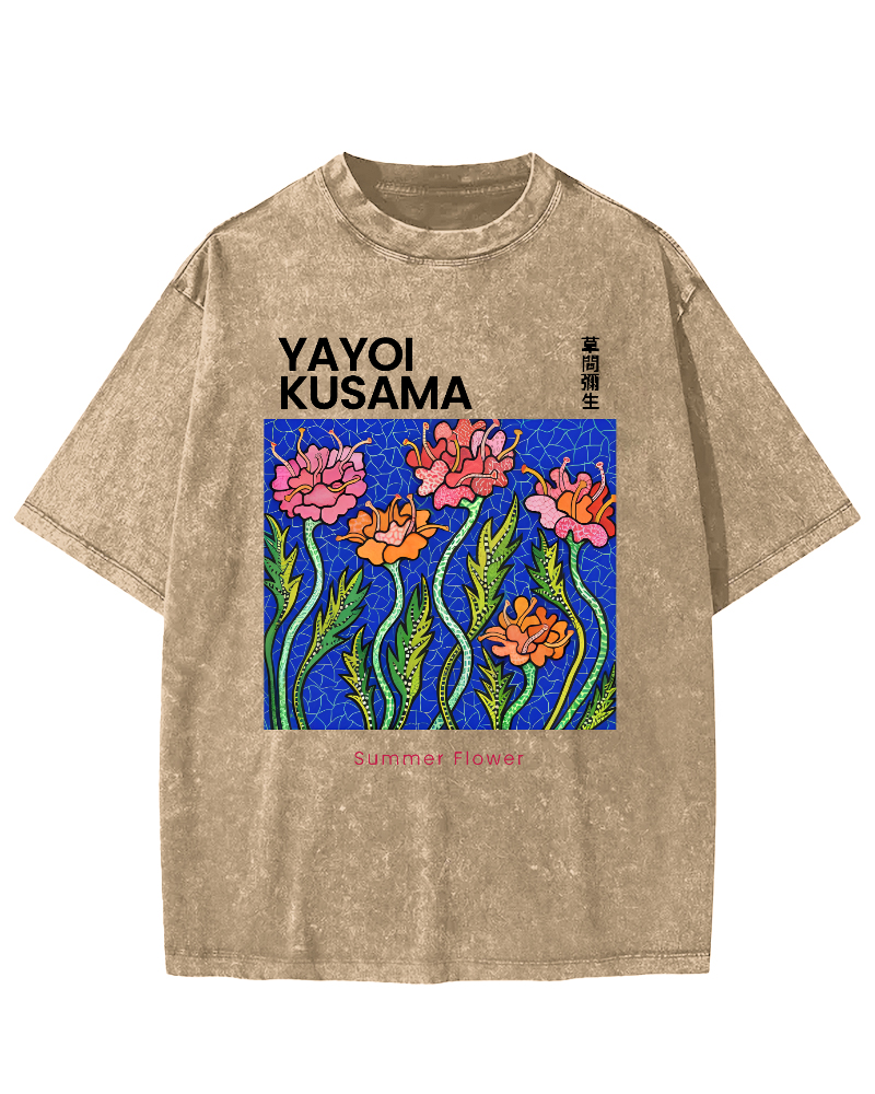 Summer Flower Art Japanese Style Vintage Washed T-shirt