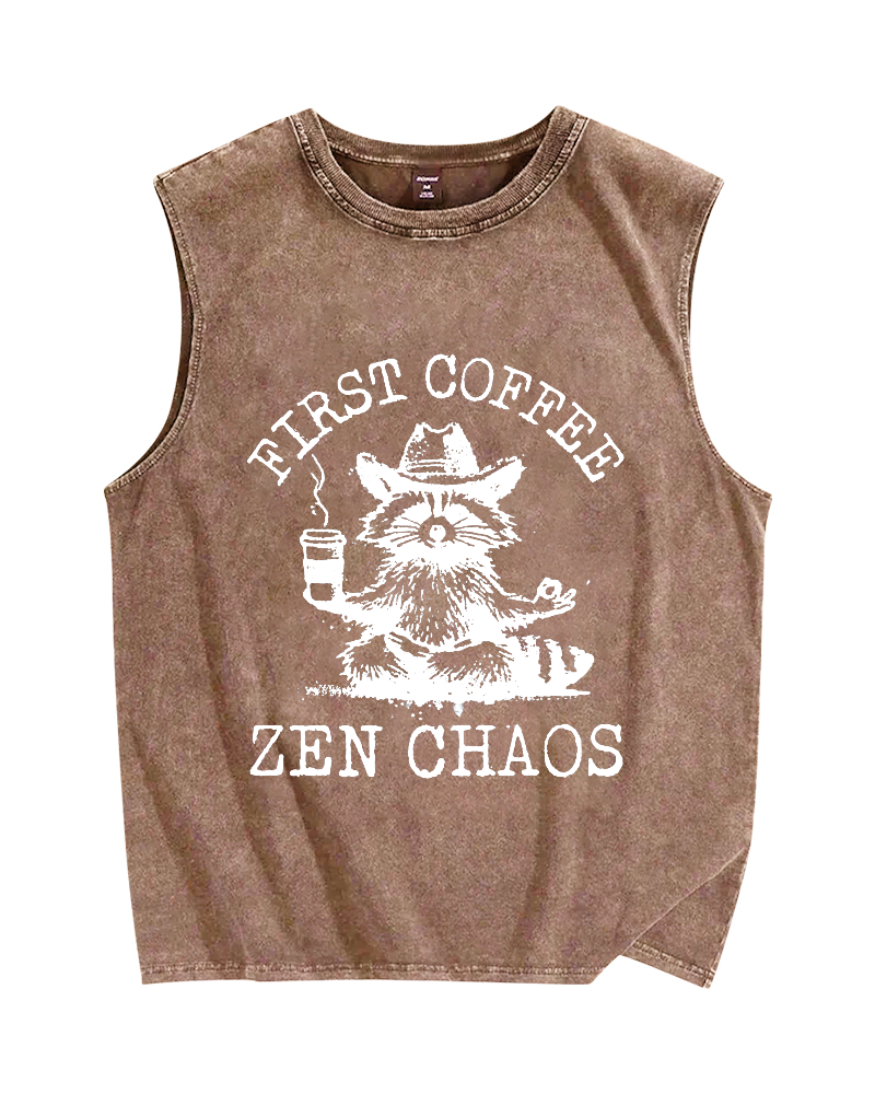 First Coffee Zen Chaos Raccoon Vintage Distressed Washed Tank Top