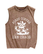 First Coffee Zen Chaos Raccoon Vintage Distressed Washed Tank Top