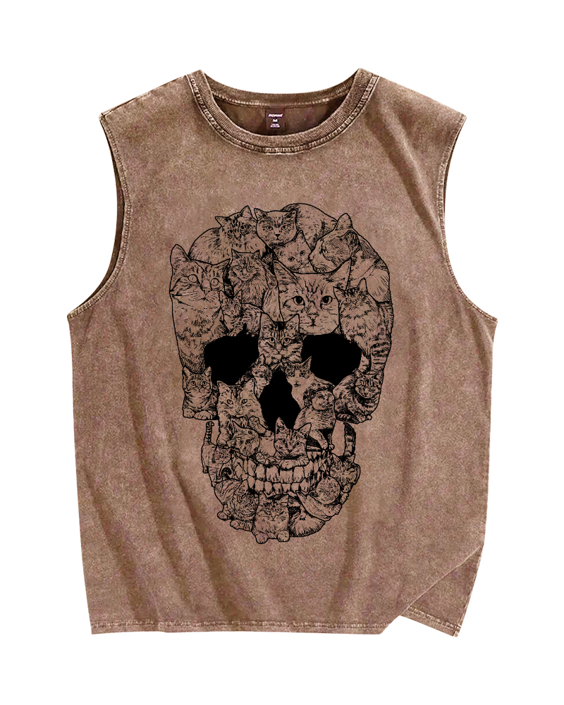 Cat & Skull Vintage Distressed Washed Tank Top