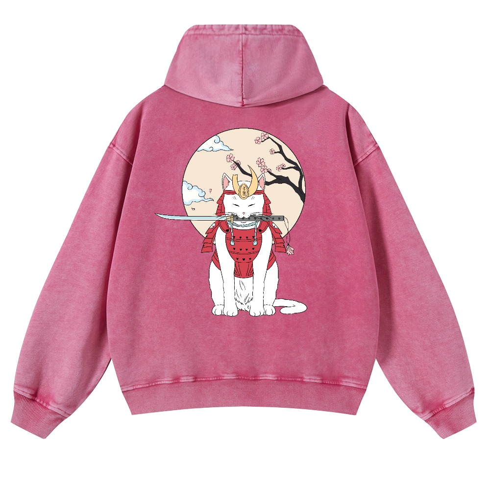 Samurai Cat Vintage Washed Cotton Back Art Hoodie