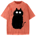 Black Cat With Puffed-Up Fur Vintage Washed T-shirt