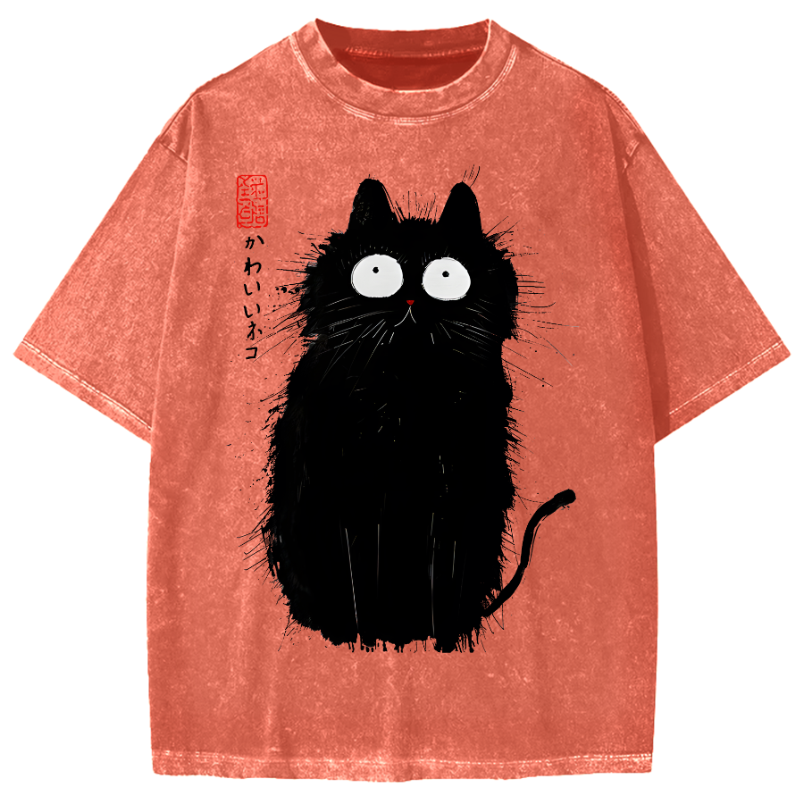 Black Cat With Puffed-Up Fur Vintage Washed T-shirt
